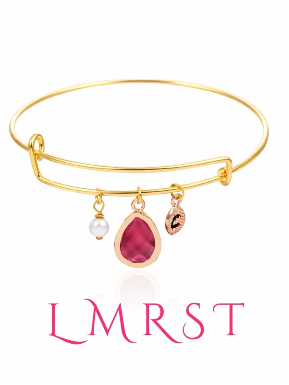 Pink Teardrop Gold Wire Initial Bracelet